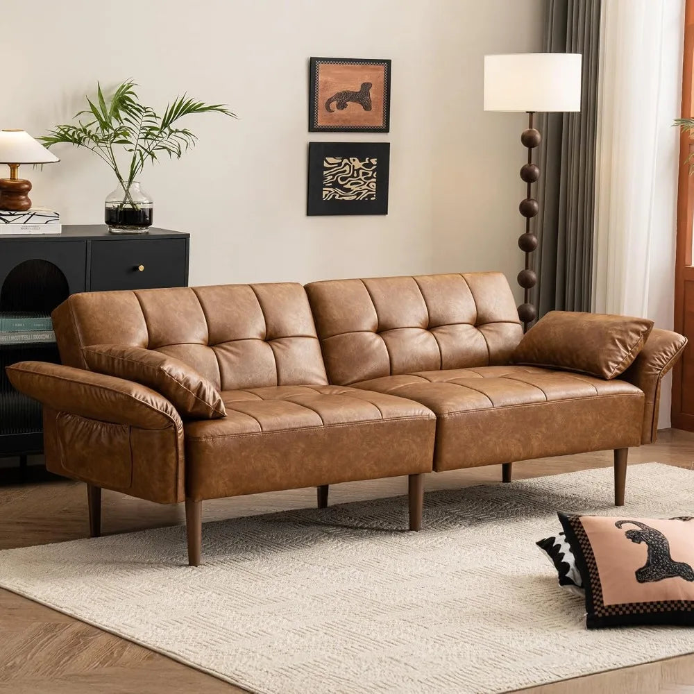 85 Inch Faux Leather Futon Sofa Bed Convertible Sleeper with Storage Adjustable Armrests Mid Century Modern Loveseat