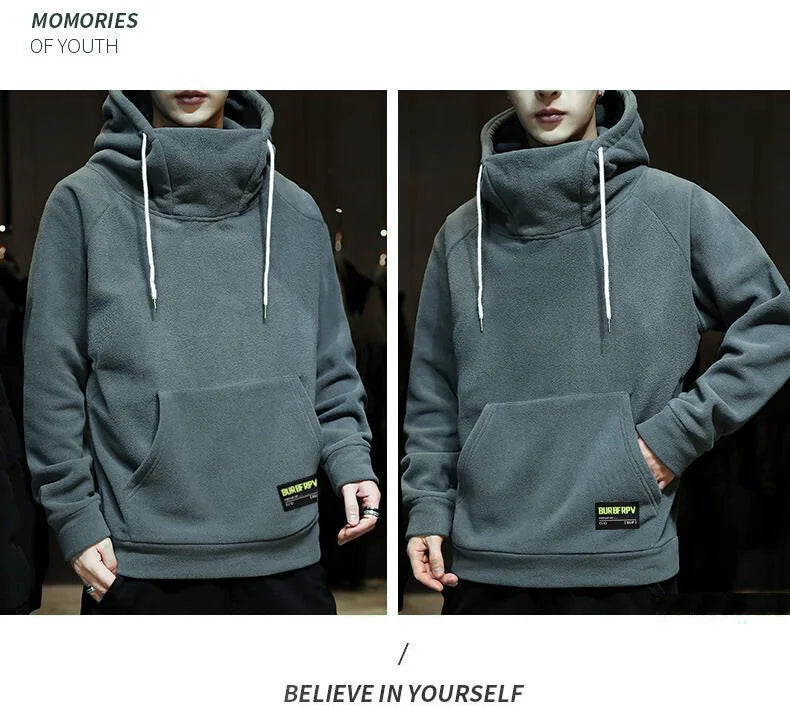 Men's Polar Fleece Sweatshirt Solid Color Street Style Autumn Winter Men Hood Sports Windproof Oversized High Collar Hoodie 5XL