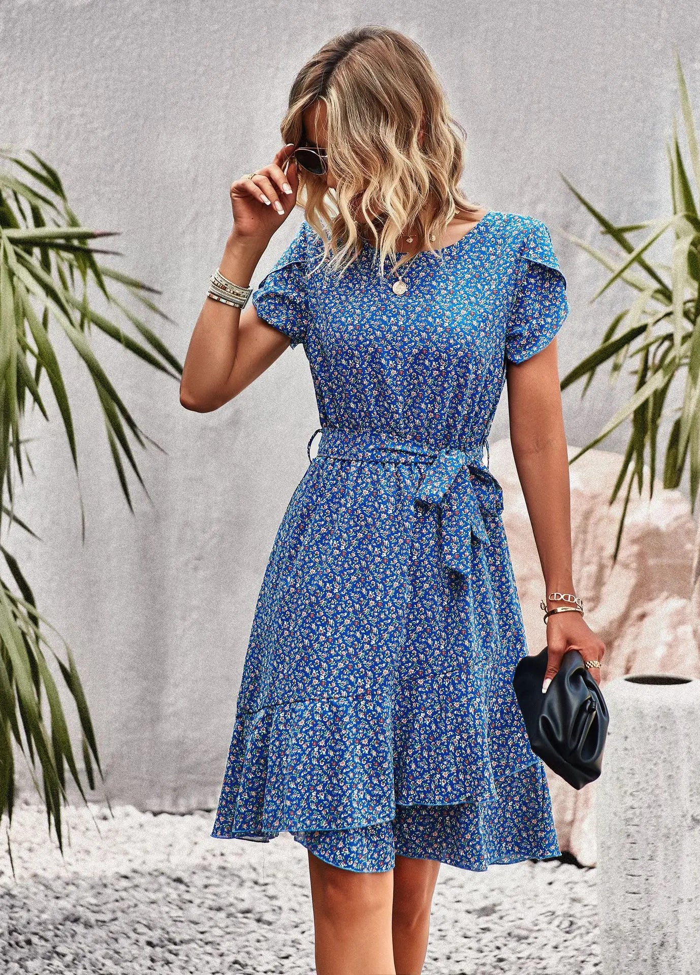 Msfilia Fashion O Neck Casual Printd Dress Women Summer Strap High Waist Pleated Dresses For Female