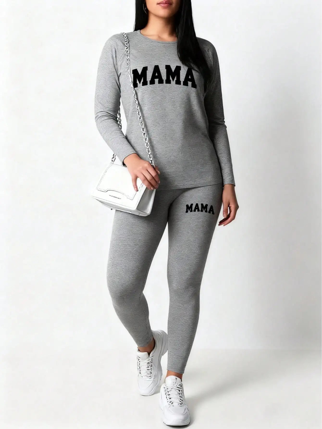 2026 Women's Casual Two Piece Set round Neck Long Sleeve Top Solid Color Printed Leg Tight Pants Outfit