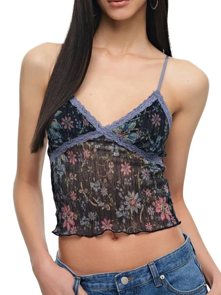 Summer women's retro floral vest with lace trim, V-neck adjustable sexy short vest, suitable for daily street casual Y2K vest