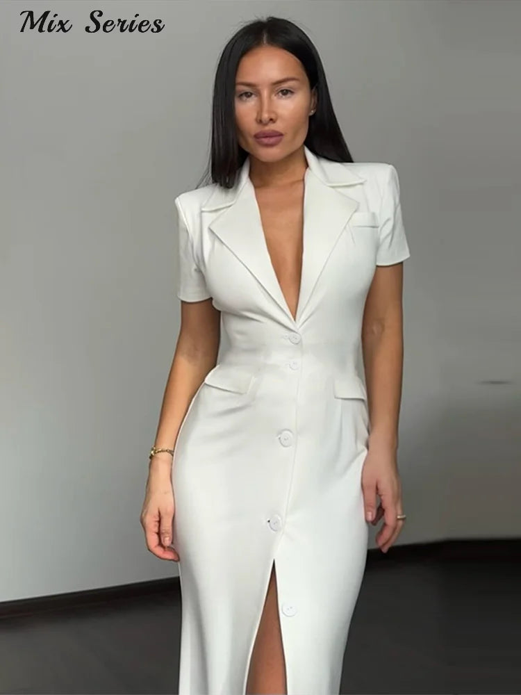 Fashion Lapel Short Sleeve Dress Women's Solid Color Single Breasted Slit Midi Dresses 2026 Summer New Lady Elegant Office Wear