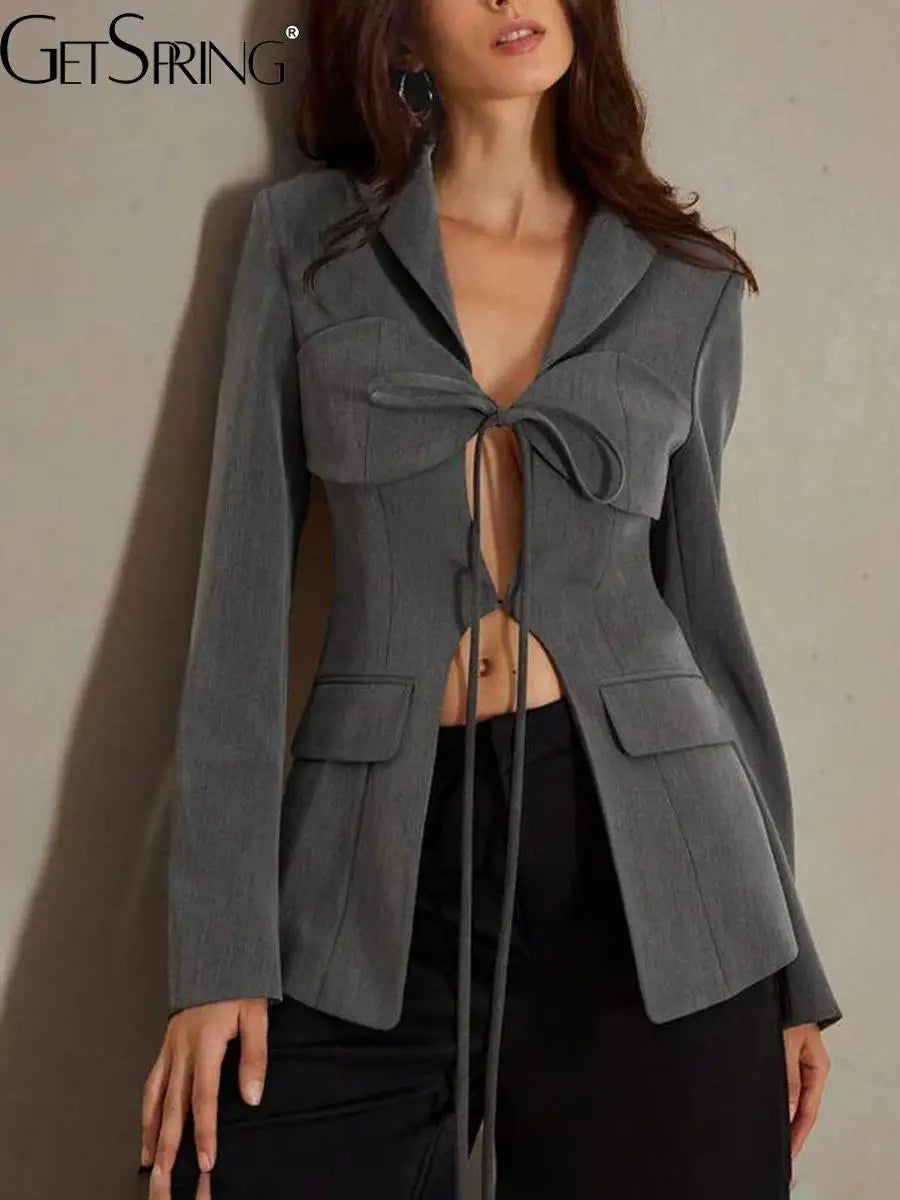 gestring Women Blazer 2025 Spring Fashion Hollow Out Lace Up Sexy Long Sleeve Ladies Black Blazer Coat Women's Slim Suit Jacket