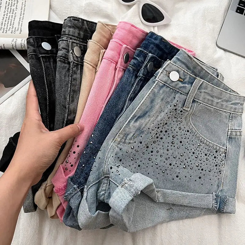 Retro Fashion Rhinestone Denim Shorts Women Pink Summer New A-Line Wide Leg Jeans Ultra Short For Hot Girls Bottoms