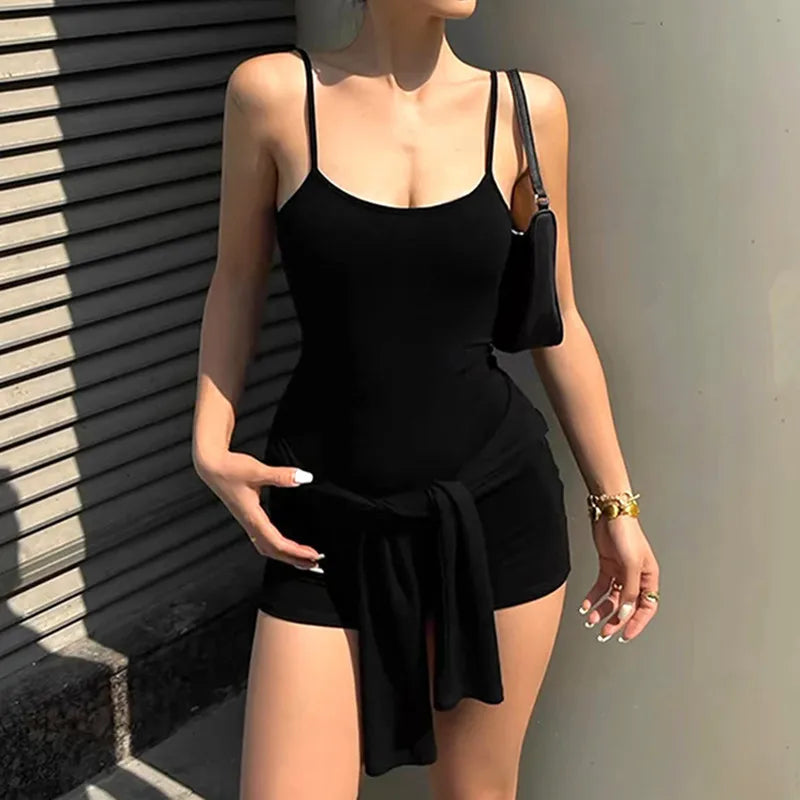 2026 New Fashionable Solid Color Slim Fit Sports Casual Style Suspender Shorts One-piece Set for Women