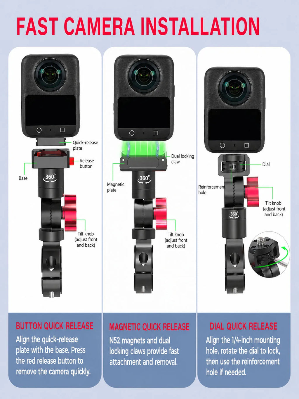 SOARSHOT Bicycle Motorcycle Handlebar Camera Mount 360° Swivel 22-32mm Clamp for DJI Osmo Insta360 Action Camera Quick Release