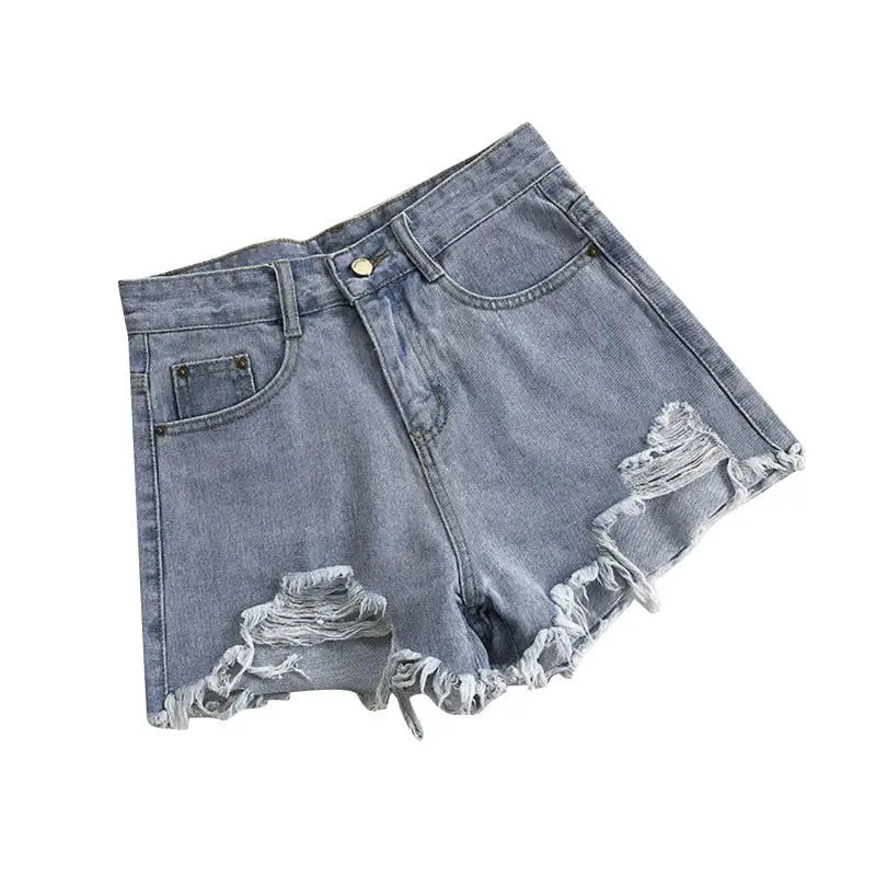 Women High Waist Ripped Denim Shorts Korean Y2K Streetwear Tassel Pocket Summer Casual Blue Jeans Pants Fashion Street Trousers