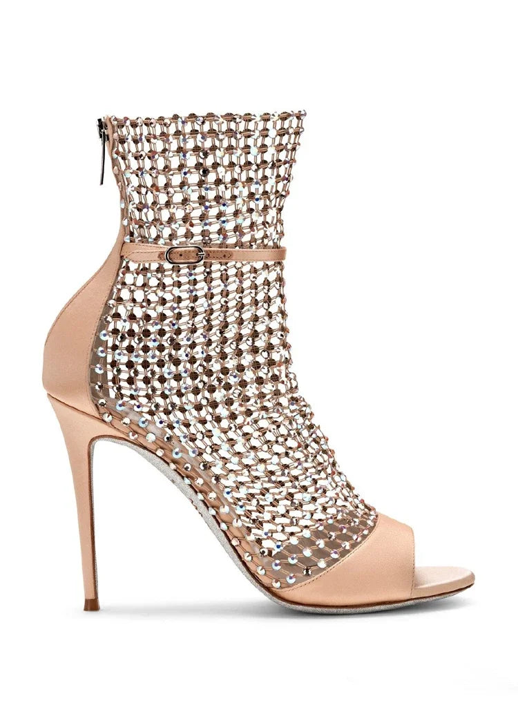 2025 New Star Internet Celebrity Same Style Sexy Water Diamond Fish Mouth Hollow Mesh Cool Boots High Heel Shoes Thin Heels