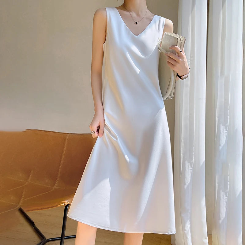 LHZSYY Silk Satin Front/Back V-neck Sling Dress Women's Sleeveless Waistcoat Top Spring Summer New Mulberry Silk Hip Long Skirts