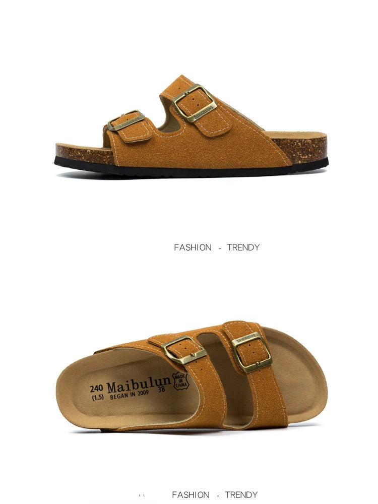 Nubuck Women Cork Slippers Summer Mule Clogs Flats Sandals Slides Casual Beach Couple Double Buckle Soft Shoes Footwear Big Size