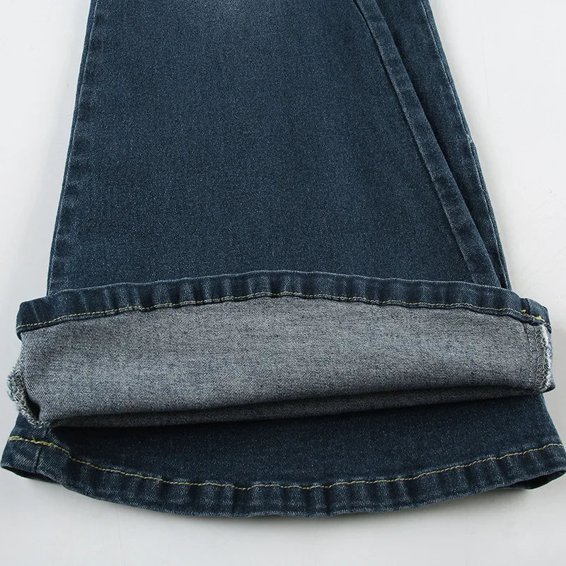 2026 Denim Trousers Y2K Flare Pants Jeans Women Embroidery Boot Cut Low Waist Washed Distressed Pockets Floor Length Streetwear