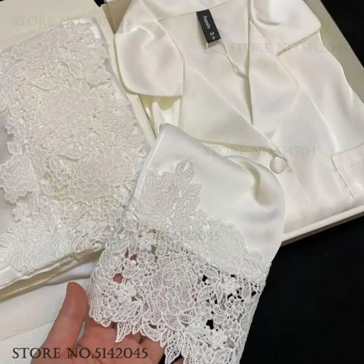 Luxury Women Pajamas Set Night Wear Elegant White Silk Satin Lace Sleepwear Trouser Suit Home Clothes Loose Casual Loungewear
