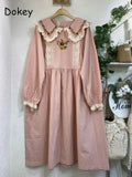Mori Girl Floral Embroidery Cotton Linen Dress for Women, Autumn Lace, Peter Pan Collar, Kawaii Dress, Casual Long Sleeve Sundre
