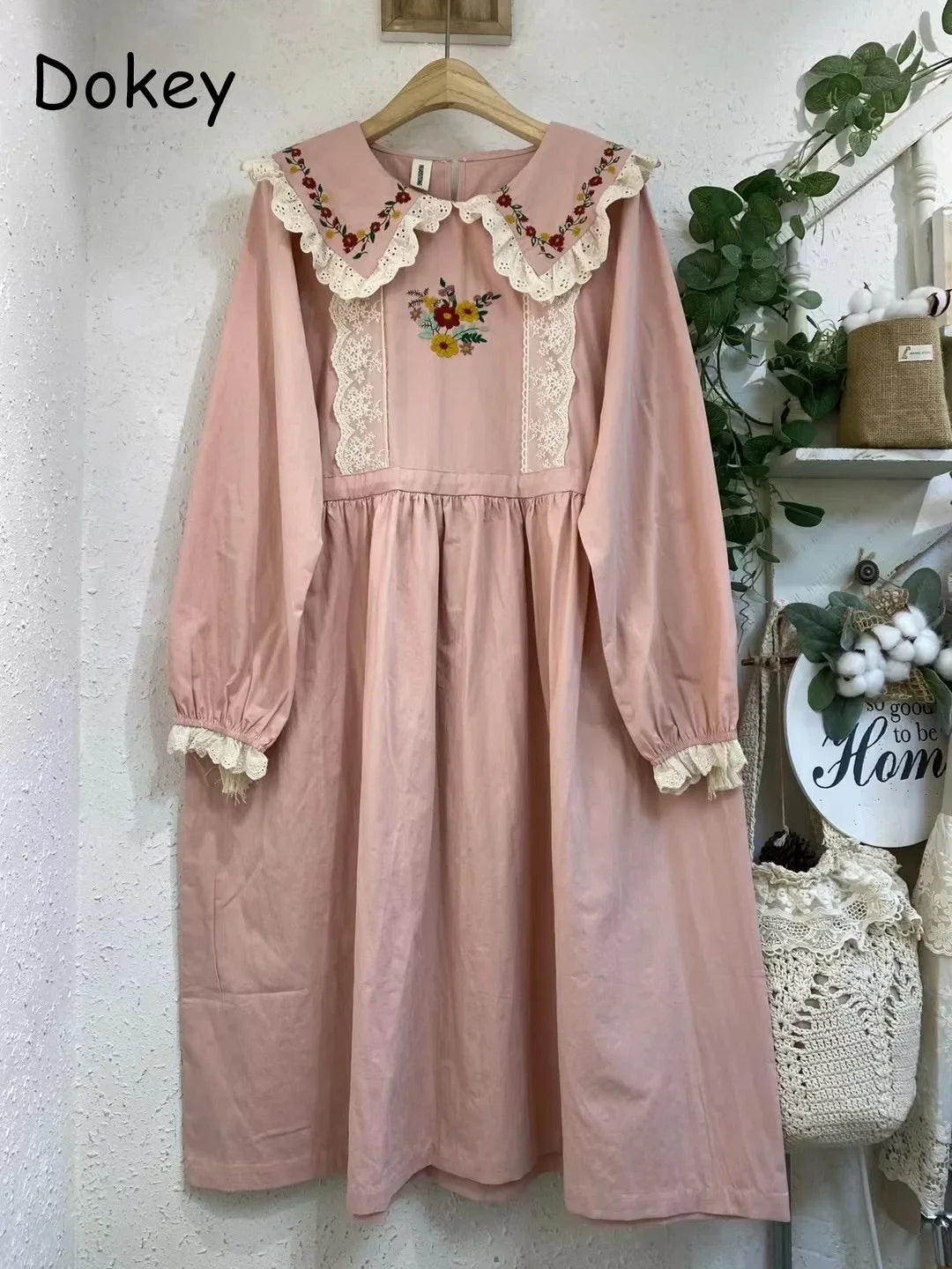 Mori Girl Floral Embroidery Cotton Linen Dress for Women, Autumn Lace, Peter Pan Collar, Kawaii Dress, Casual Long Sleeve Sundre