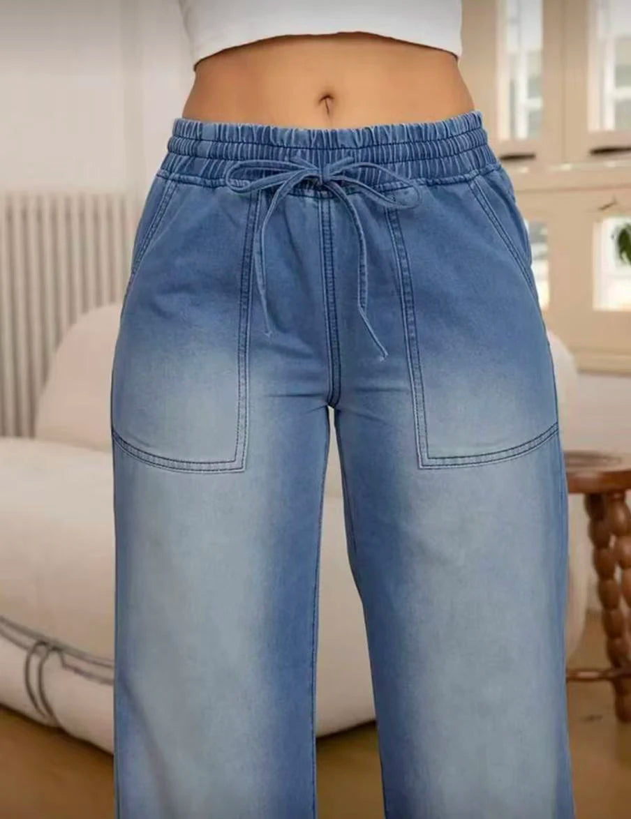 Elastic Waistband Drawstring Jeans with Pocket Elastic