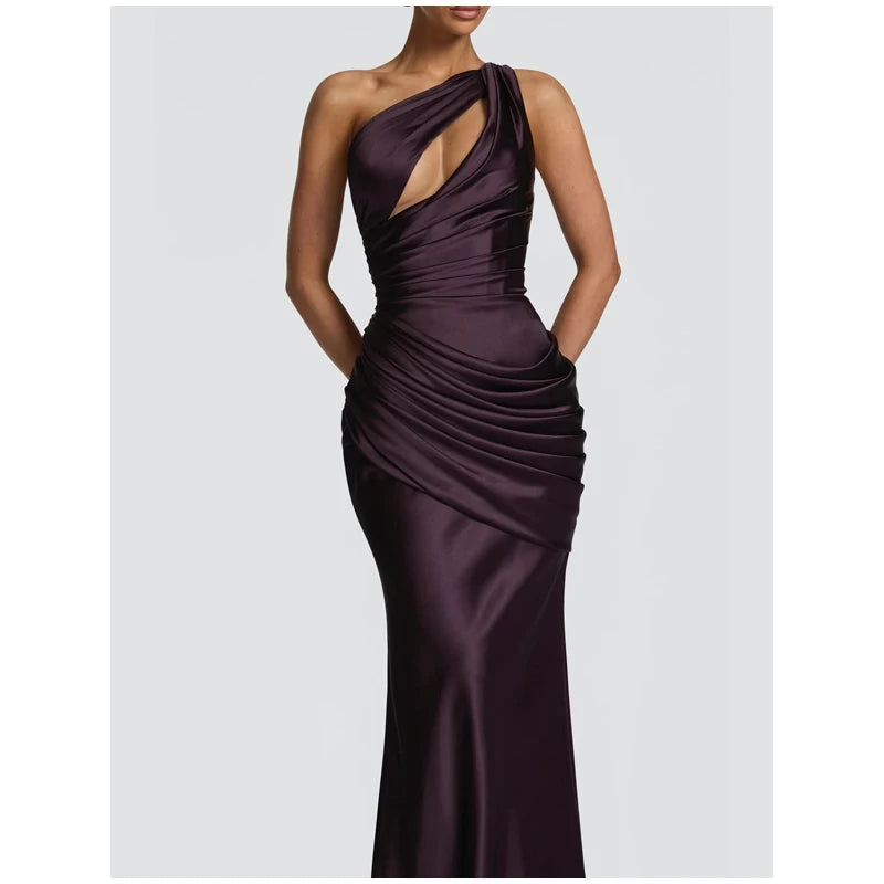 Solid Satin Cowl Neck Women's Dress Elegant Sleeveless Ruched Waist Fishtail Bodycon Lady Vestido 2026 Summer Party Dresses