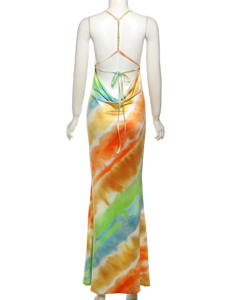 Weird Puss Colorful Fashion Maxi Dress Women Swing Collar Metal Chain Backless Vacation Trend Beach Party Style Elegant Vestidos
