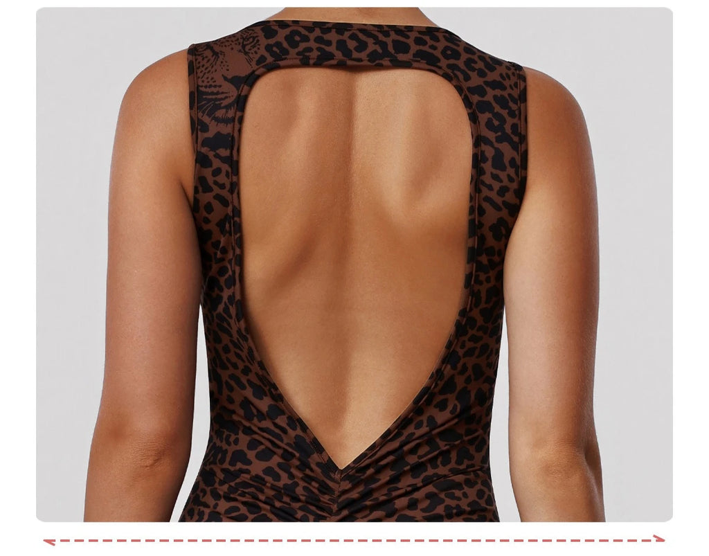 Sexy Hollow Backless Sport Flare Legging Jumpsuit Scrunch Butt Women Clothing Fashion Leopard Sleeveless Zipper Fitness Overalls
