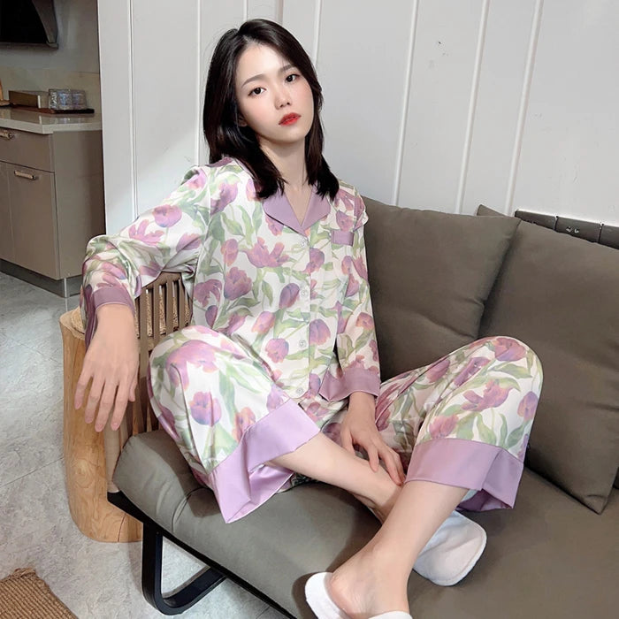 2024 Spring New Lapel Button Cardigan Lounge Sets Womens 2 Piece Ice Silk Pajamas for Women Fashion Printing Sleepwear for Wome