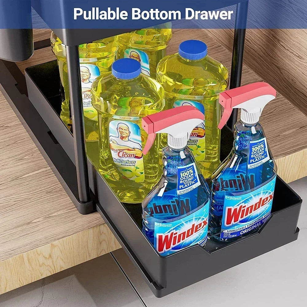 2-Tier Under Sink Organizers and Storage, Sliding L-shape Under Bathroom Kitchen Cabinet Organizers Narrow Space Sink Organizer