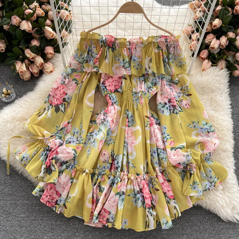 2025 New Retro Summer Beach Vacation Dress Women Sexy Strapless Lantern Sleeve Sweet Floral Jumpsuit Short Chiffon Print Dresses