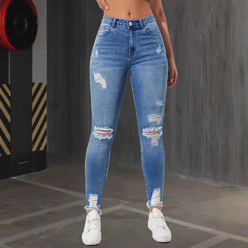Women's Slim Fit Jeans with Rips Casual Slimming Cone Shaped Mom Jeans Comfortable Stretch Denim Trousers
