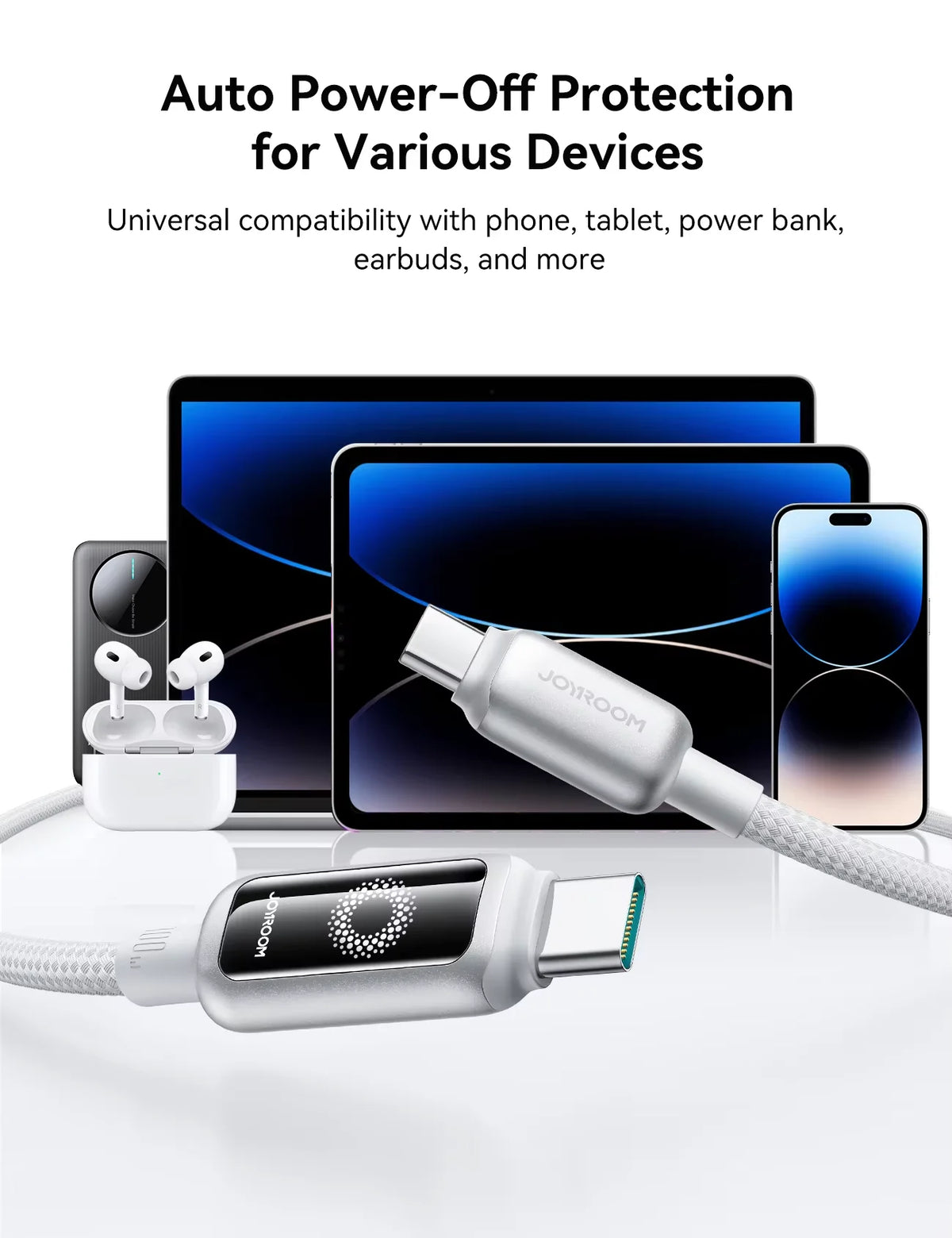 JOYROOM Smart Safe 100W PD Fast Charging Cable - USB-C with Auto-Shutoff, LED Indicator & Smart Chip for iPhone 17/16/15