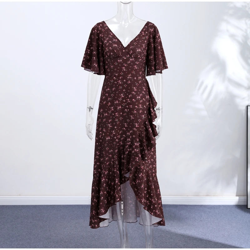 Elegant Print Women Long Dress Chic Ruffle Pleated Short Sleeve V-neck Waist-Closed Female Dresses 2026 Summer Beach Lady Robe
