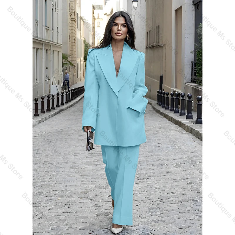 Chic Loose White Single Breasted Women Pants Set New Female Two Pieces(Blazer+Trousers) conjuntos femininos elegantes
