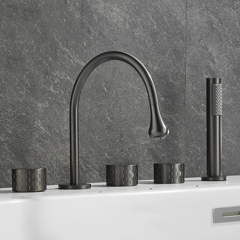 Gray Luxury Brass Deck-Mounted 5-Holes Bathroom Bath Tub Rotating Faucet Mixer Bathtub Basin Water Tap With Spray 3 Handles