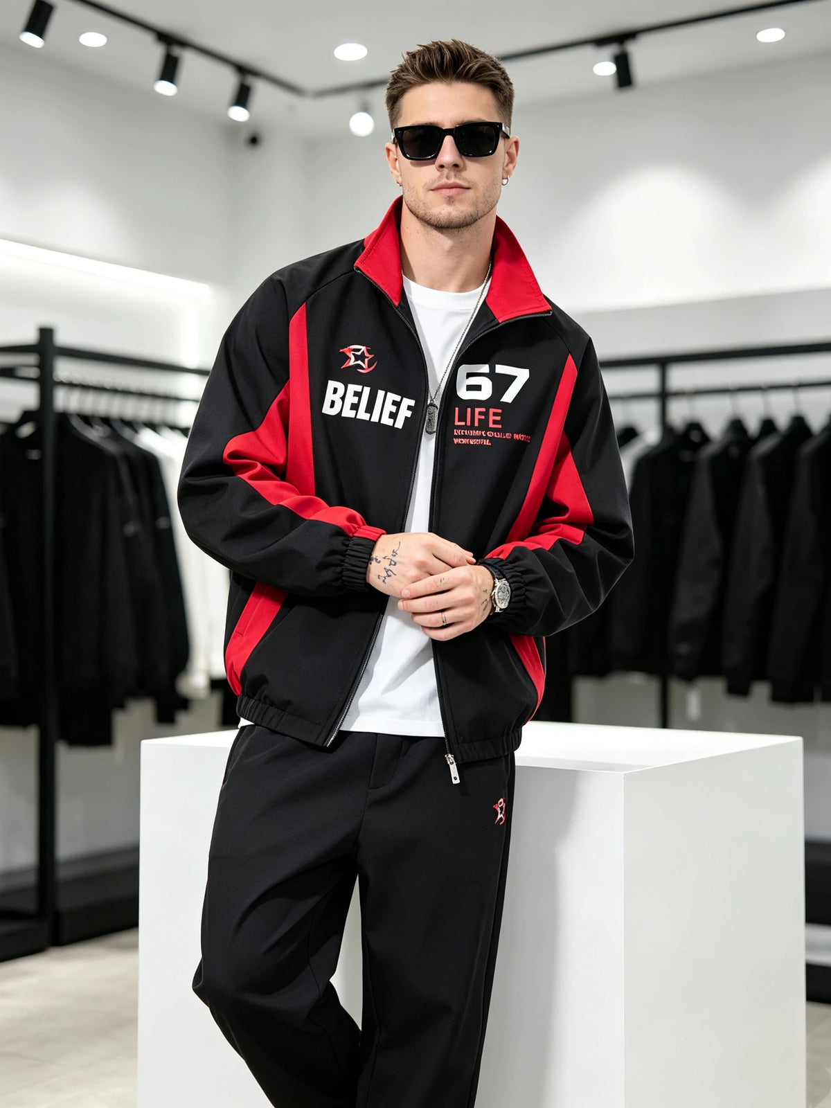 Men's Black Red Color Block Stand Collar Jacket Letter Print Zip Up Casual Streetwear Outerwear