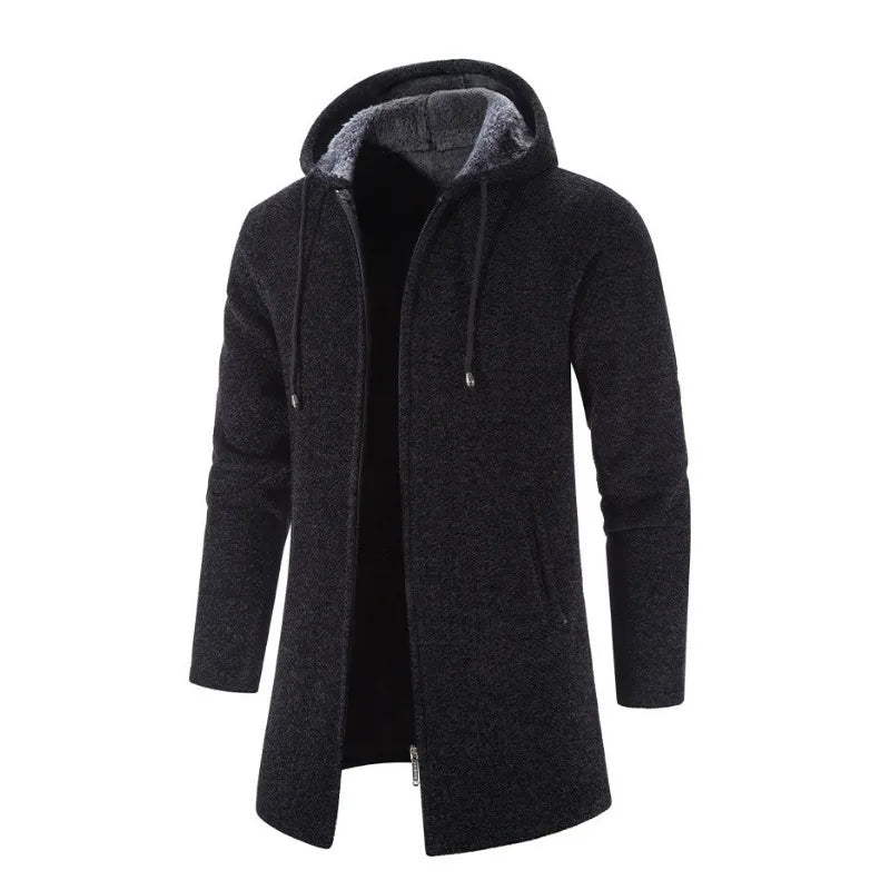 KIDWHXR Man Autumn Winter Cardigan Jacket Fleece Warm Hooded Sweater Coat Male Mid Length Long Sleeve Male Casual Outerwear