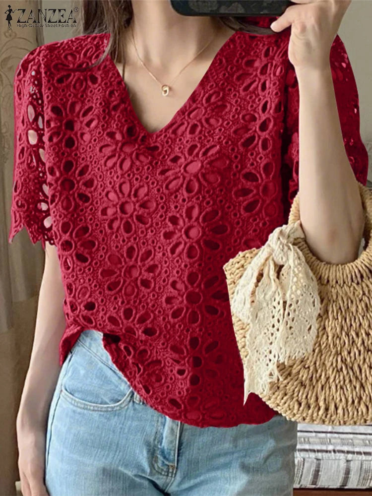 ZANZEA Summer Fashion Embroidered Openwork Blouses Women Casual V-Neck Short Sleeve Hollow Out Lace Blusas Mujer Solid Chemises