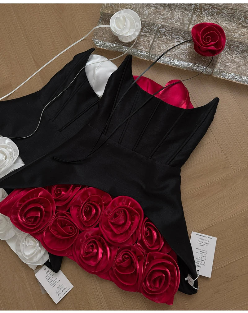 Women's Sweet Slash Neck Sleeveless Slim Waist Short Mini Dress French Retro 3D Rose Birthday Dress Spicy Girl Floral Bud Dress