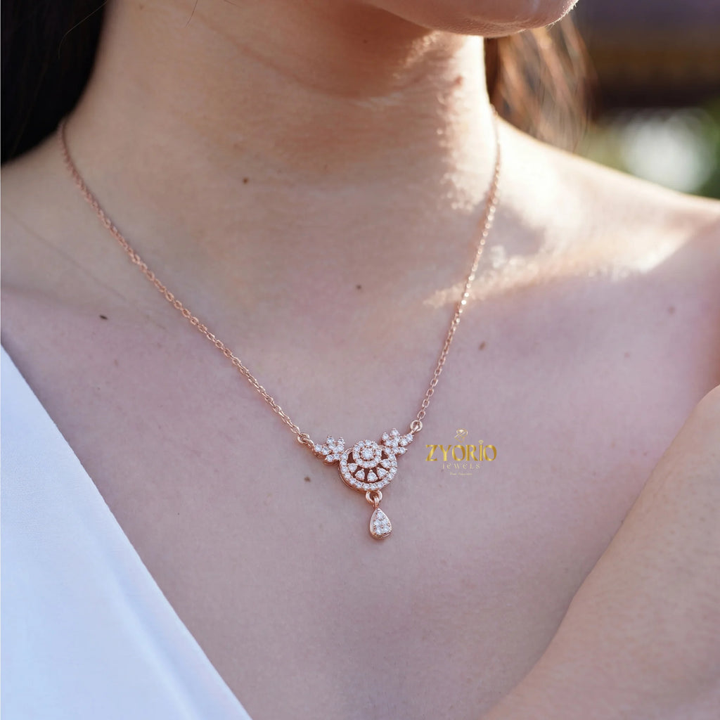 ZYORIO Women's Rose Gold Diamond Pendant Necklace Floral Design Pave Setting Round Brilliant Cut Teardrop Drop Romantic Wedding