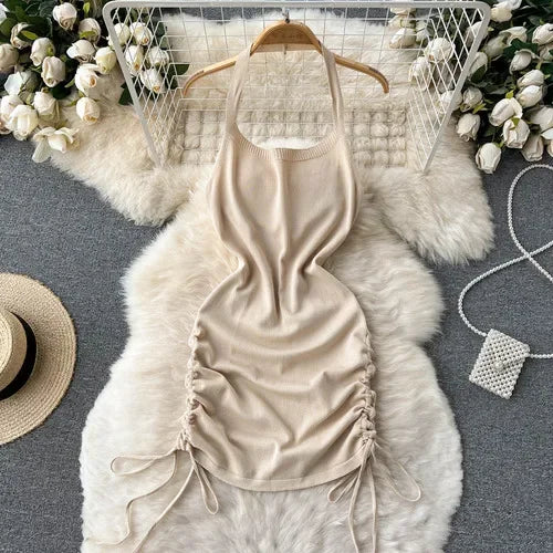 2024 Fashion Y2K Solid Knitted Women Dress Sexy Halter Backless Slim Elastic Bodycon Summer Short MiniDress Streetwear Vestidos