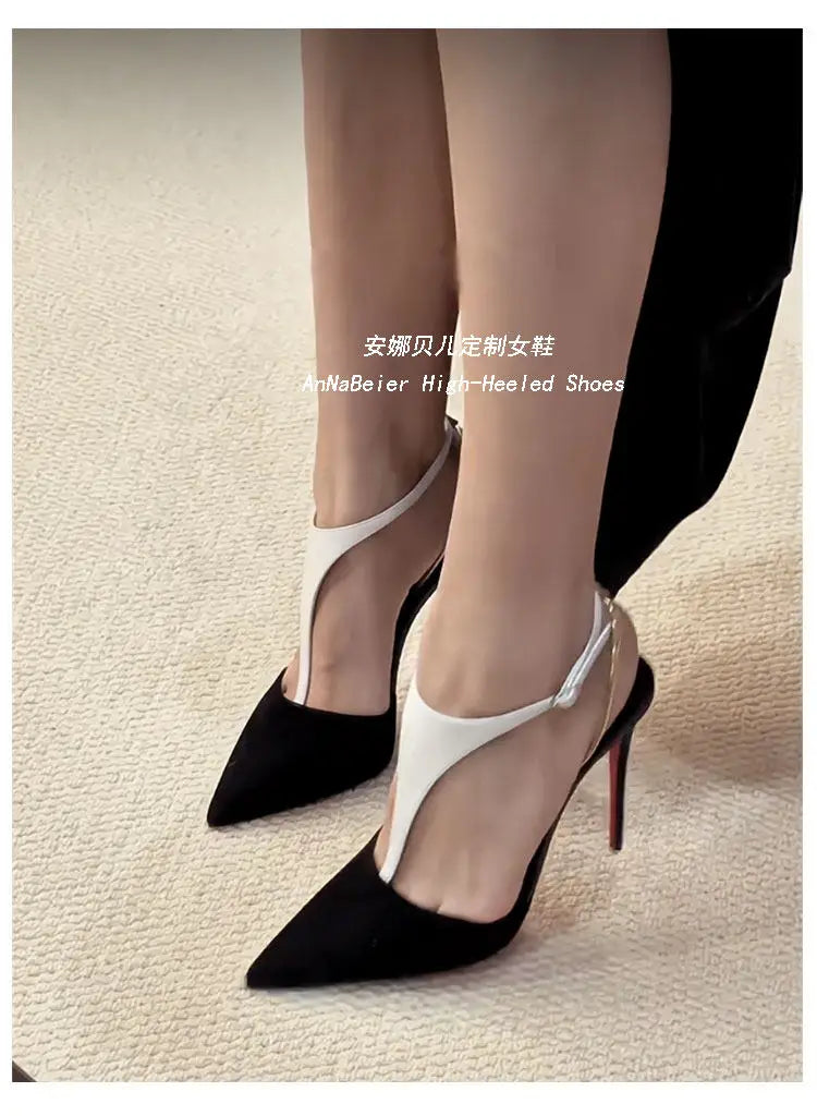 T-Shaped Socialite Black Gold Color Blocked Sexy Toe Sandals with Thin Heels and Pointed Toes, Autumn and Winter New High Heels