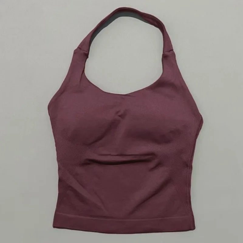 Halter Yoga Tank Top Women Sexy Seamless Strappy Backless Slim Fit Padded Breathable Gym Fitness Running Workout Sports Tops