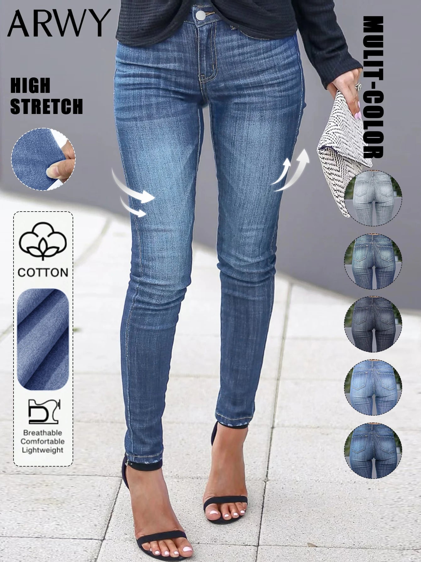 Women's Fashionable Elegant Casual Versatile Washed Cat's Whisker Pattern Skinny Fit Denim Jeans for Daily Wear