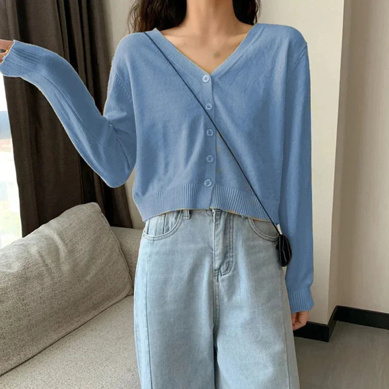 2025 Women's Long Sleeve Cropped Cardigan V Neck Button Down Knit Lady Autumn Spring Knitted Single-breasted Cardigan Sweaters