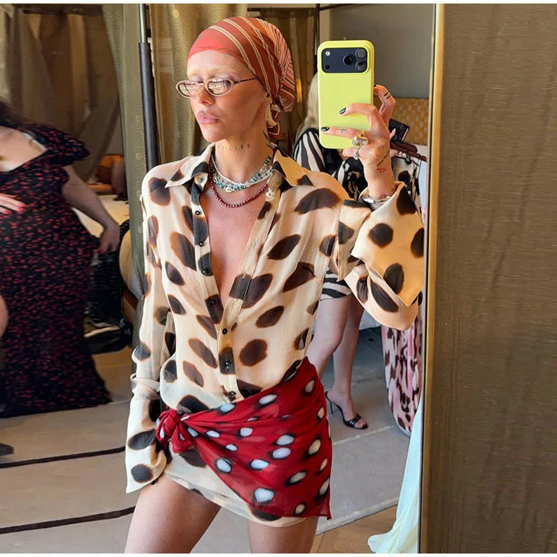 Sexy Printed Shirt-style Women's Dress Full Sleeve Turn-down Collar Button Detachable Scarf Dresses 2026 Summer Chic Female Robe