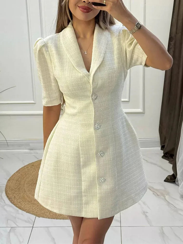 Exquisite casual dress spring and autumn new style lapel short sleeved solid color waist cinched princess style short skirt