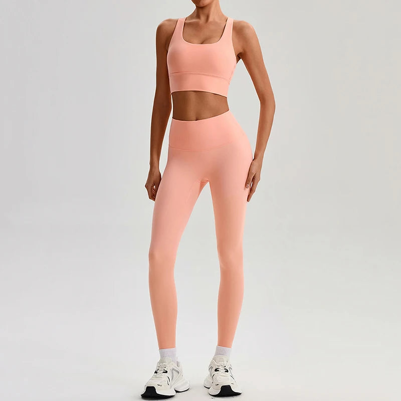 Naked Feel Yoga Set Women Fitness Sportswear 2 Piece Strappy Sports Bra High Waist Gym Leggings Workout Outfit Active Wear