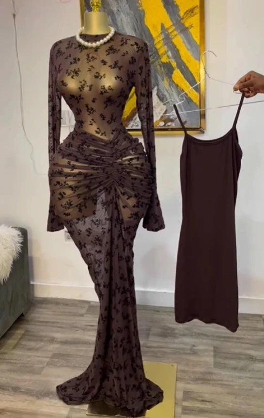 CM.YAYA Women Long Sleeve Ruched Mesh See Though with Lining Bodycon Long Dress 2025 Fall Evening Birthday Sexy Party Dresses