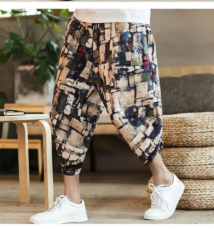 Men's Casual Cotton Linen Seven-Foot Pants Summer plus Size Lantern Loose Fit Shorts Harlan Style Comfortable Breathable Leis...