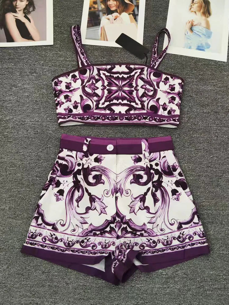 Designer retro geometric print sexy tube top suspender two-piece 2026 summer women's dress+straight short fashion suit