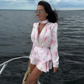 Women Rose Print Dress Puff Long Sleeve Mini Dress Sheer Mesh Ruffle Hem Button Front Fairy Party Short Dresses Summer Wear