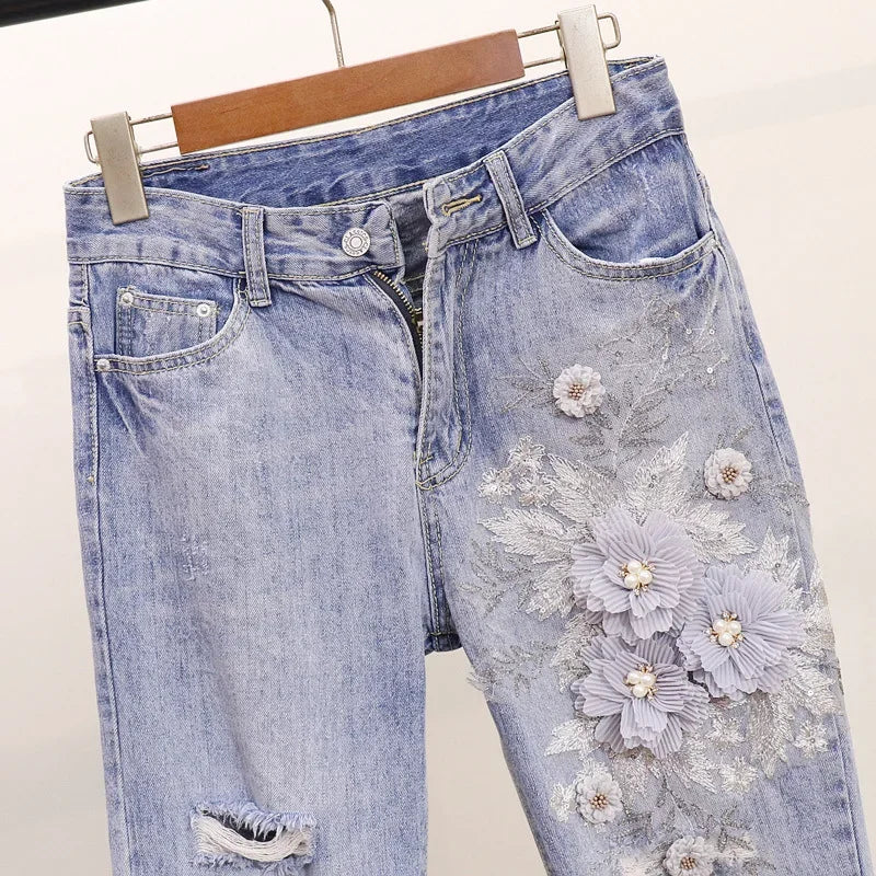 Two-Piece Suit 2025 Summer New Women Denim Pants Beading Embroidery Tshirt Tops+ High Waist Hole Jeans Female Casual Outfits