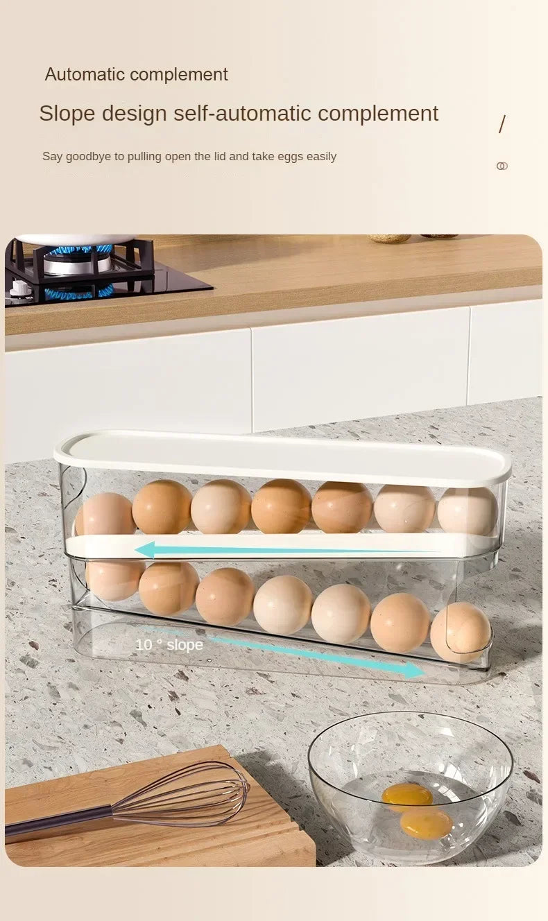 Double Layers Egg Storage Box Refrigerator Automatic Rolling Slide Egg Rack Refrigerator Side Door Freshness Box Kitchen Storage
