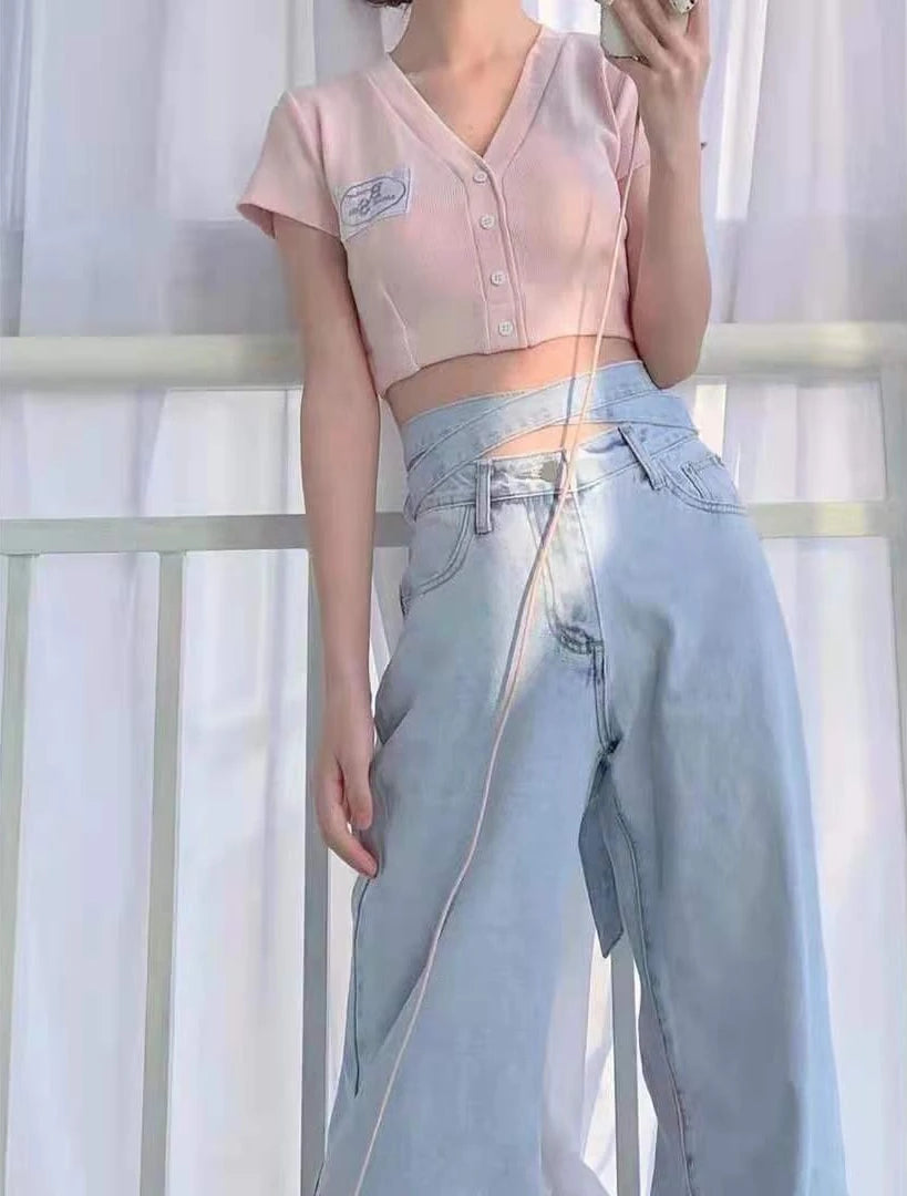 Women's High Waist Baggy Jeans Korean Trendy Loose Wide Leg Denim Pants with Ankle Ties Flowy Floor Length Streetwear